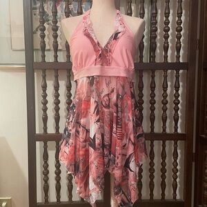 Pink Models Graphic Y2K Magazine Handkerchief Mesh Mini Swim Dress Plus Size XXL